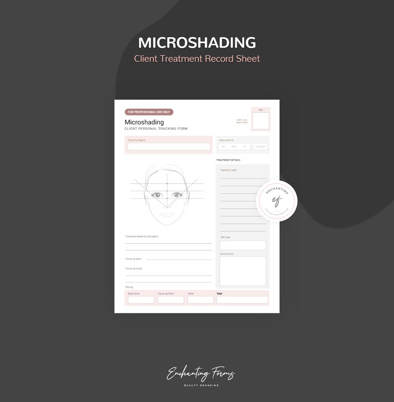May include: A printable microshading client treatment record sheet with a drawing of a face and lines for recording client information, treatment details, and notes. The sheet is designed for professional use only.