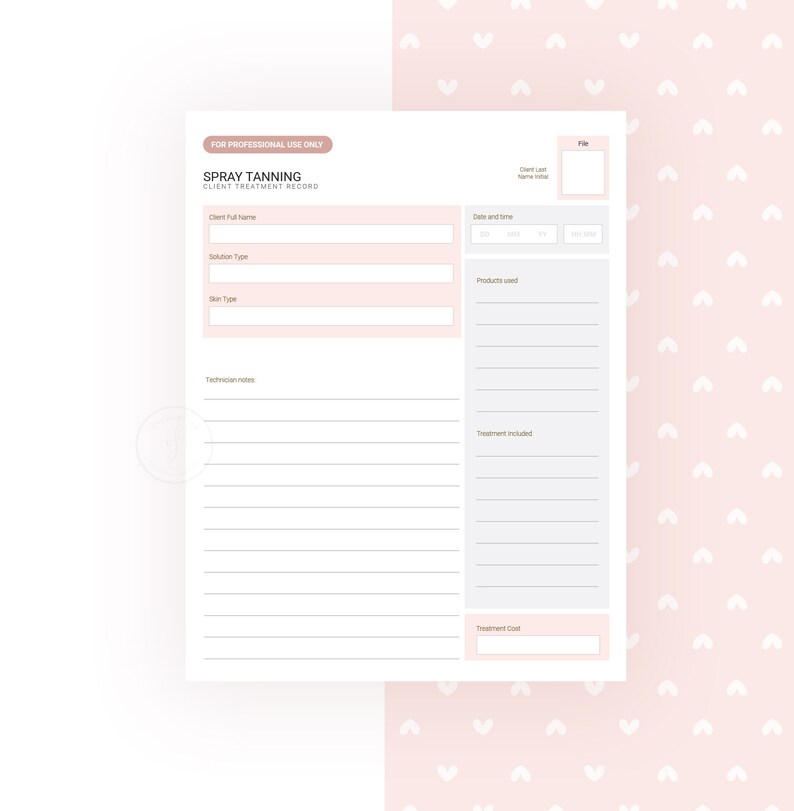 May include: A printable spray tanning client treatment record form with fields for client name, solution type, skin type, technician notes, date and time, products used, treatment included, and treatment cost.