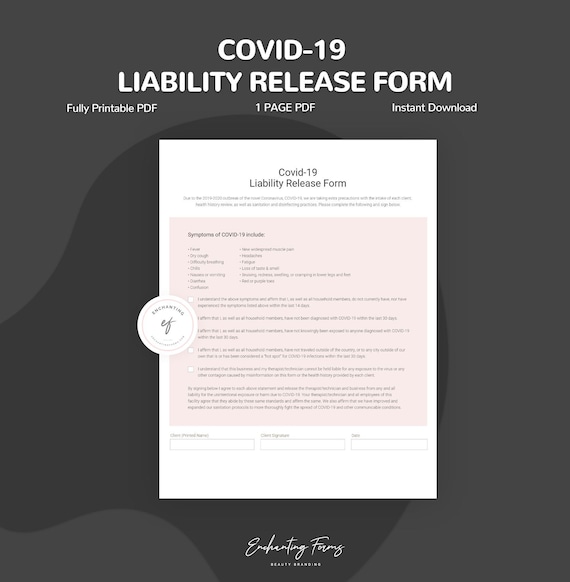 Covid 19 Liability Release Form for your business, Instant Download PDF after purchase
