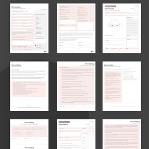 May include: A set of nine printable PDF forms for a microshading business. The forms include a client consultation form, a pre-procedure checklist, a disclosure and release form, aftercare and post-care instructions, a patch testing form, and a consent form.