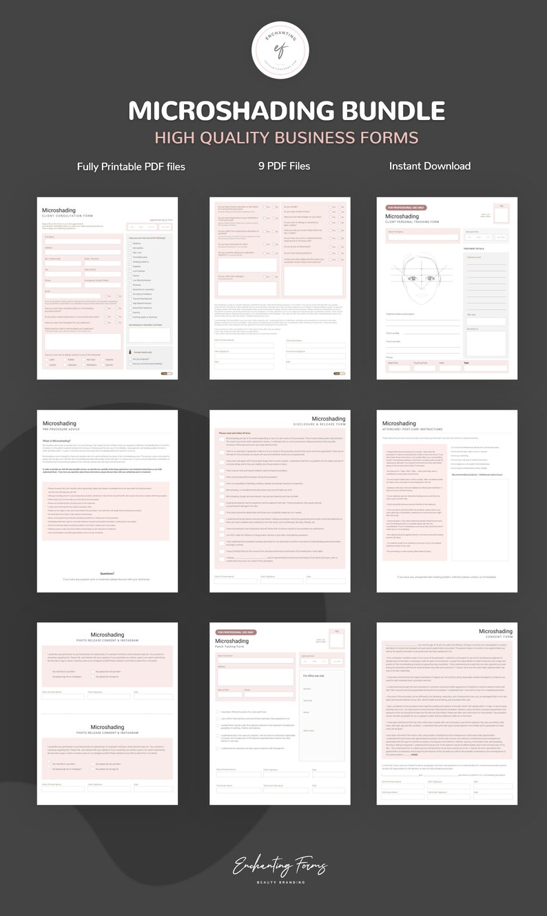 May include: A set of nine printable PDF forms for a microshading business. The forms include a client consultation form, a pre-procedure checklist, a disclosure and release form, aftercare and post-care instructions, a patch testing form, and a consent form.