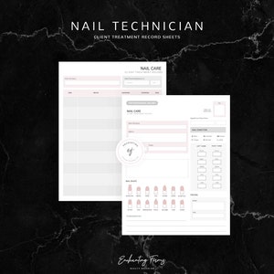 Op de afbeelding: Een afdrukbaar behandelingsregistratieformulier voor nagelstylisten. Het formulier bevat secties voor klantgegevens, nagelconditie, nagelvorm en prijzen. Het formulier is ontworpen voor gebruik door professionele nagelstylisten.