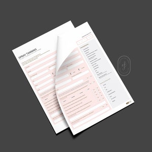 May include: A spray tanning client consultation form with sections for personal information, medical history, and contraindications. The form includes questions about allergies, medications, and skin conditions.