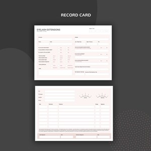 May include: A pink and white printable record card for eyelash extensions. The card includes sections for client information, appointment details, and a checklist for lash application.