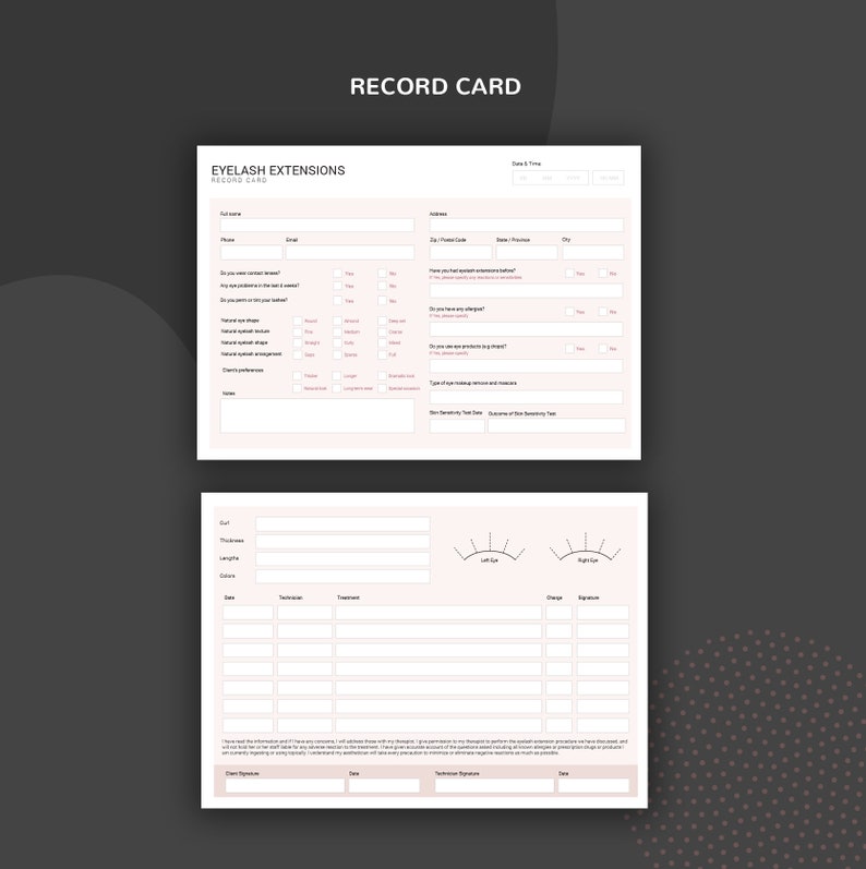 May include: A pink and white printable record card for eyelash extensions. The card includes sections for client information, appointment details, and a checklist for lash application.