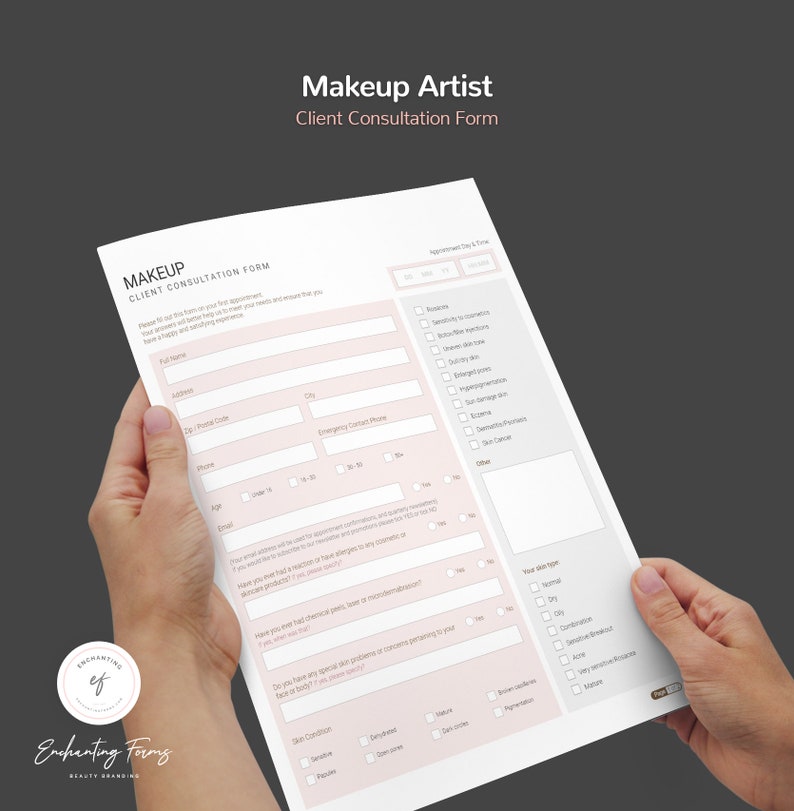 Pode incluir: Um formul&aacute;rio de consulta de cliente para um artista de maquiagem, impresso em papel rosa e branco, com o t&iacute;tulo "Makeup Artist Client Consultation Form". O formul&aacute;rio inclui se&ccedil;&otilde;es para as informa&ccedil;&otilde;es do cliente, os detalhes do agendamento, o tipo de pele e as condi&ccedil;&otilde;es da pele.