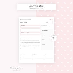 Op de afbeelding: Een printbaar patch-testformulier voor nagelstylisten. Het formulier bevat secties voor klantgegevens, oplossing, testgebied, resultaten en andere notities. Het bevat ook een disclaimer die de klant moet ondertekenen.