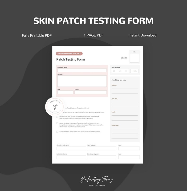 Skin Patch Testing Form for Esthetician, Instant Download PDF after purchase (English) image 1