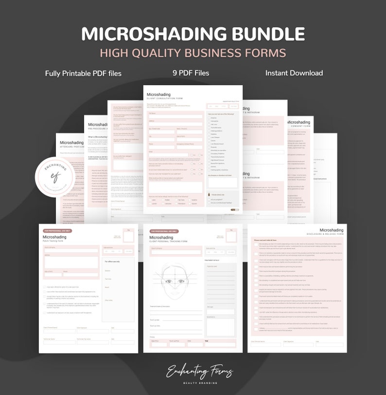 May include: A set of nine printable PDF forms for microblading businesses. The forms include a client consultation form, a client personal tracking form, a disclosure and release form, and a consent form. The forms are designed in a modern, minimalist style with a pink and white color scheme.