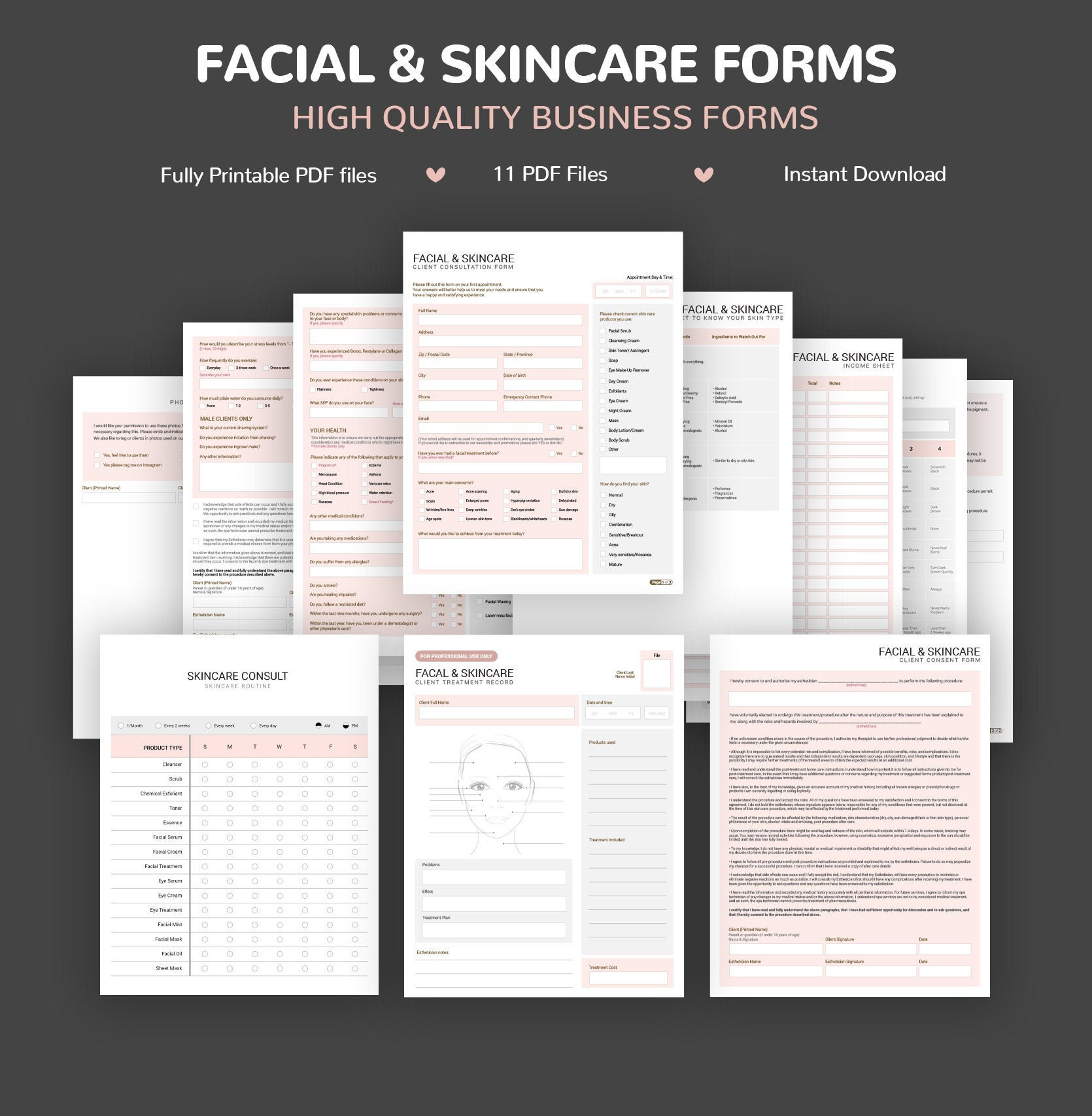 Facial Consultation Form, Facial Consent Forms, Esthetician Client Information & Intake Business Forms, Printable Skincare Treatment Forms