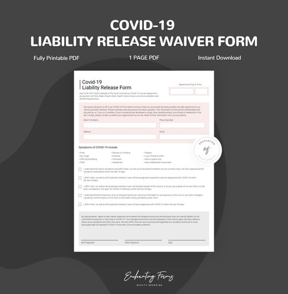 Covid 19 Liability Release Form for your business, Instant Download PDF after purchase