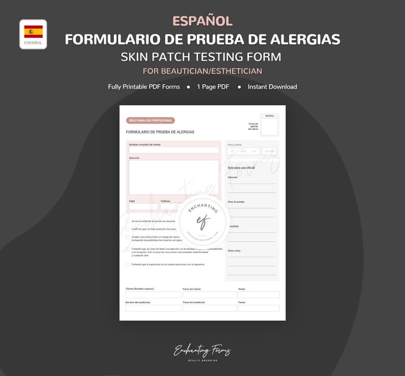 Spanish Skin Patch Testing Form for Estheticians (PDF Download) - Etsy