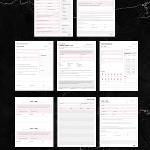 Op de afbeelding: Een set van acht printbare PDF-formulieren voor nagelstylisten. De formulieren omvatten een nagelverzorgingsconsult, een COVID-19-aansprakelijkheidsverklaring, een patchtestformulier en een nagelverzorgingskaart.