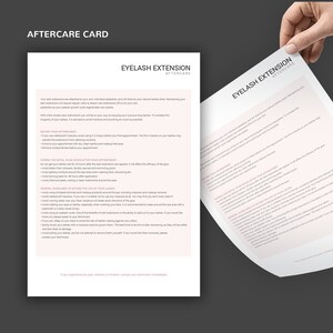 May include: A pink and white aftercare card for eyelash extensions. The card includes instructions on how to care for your lashes before, during, and after your appointment. The card also includes general guidelines to extend the life of your lashes.