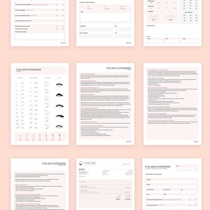 May include: A set of printable forms for eyelash extension technicians. The forms include a consultation and consent form, client information forms, a natural lash information form, a skin sensitivity test, client preferences, a professional lash application form, an invoice, a weekly appointment sheet, and an income sheet. The forms are designed to be used by eyelash extension technicians to help them manage their business.