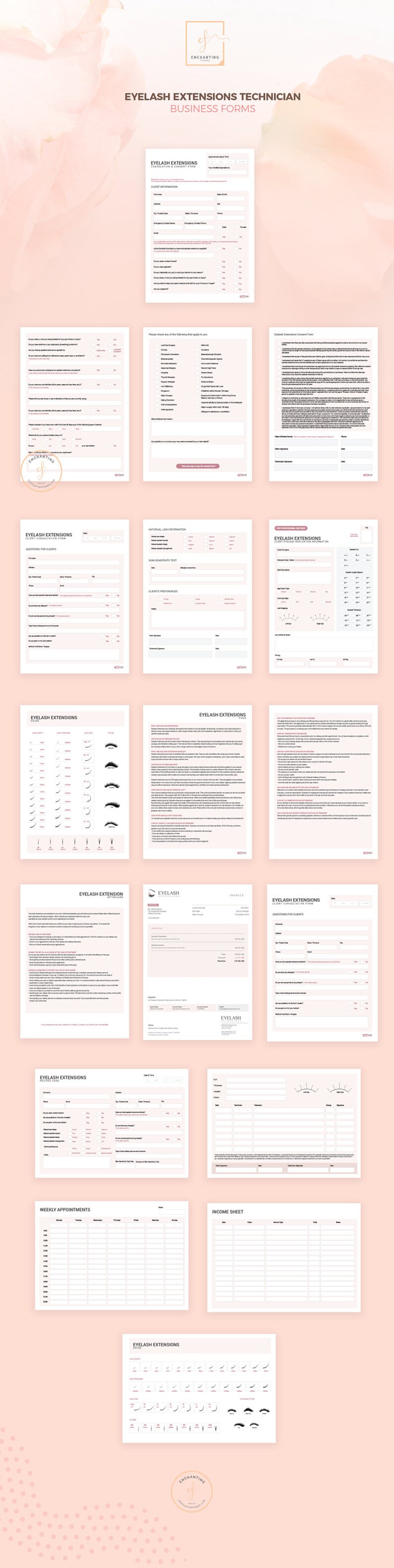 May include: A set of printable forms for eyelash extension technicians. The forms include a consultation and consent form, client information forms, a natural lash information form, a skin sensitivity test, client preferences, a professional lash application form, an invoice, a weekly appointment sheet, and an income sheet. The forms are designed to be used by eyelash extension technicians to help them manage their business.