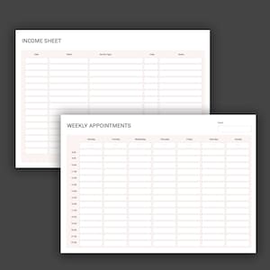 May include: A printable planner with two pages. The first page is an income sheet with columns for date, client, service type, total, and notes. The second page is a weekly appointment planner with columns for Monday through Sunday and time slots from 8:00 AM to 7:30 PM.