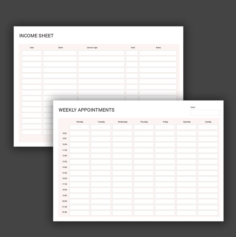 May include: A printable planner with two pages. The first page is an income sheet with columns for date, client, service type, total, and notes. The second page is a weekly appointment planner with columns for Monday through Sunday and time slots from 8:00 AM to 7:30 PM.