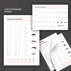 May include: A guide for lash extensions with charts showing different lash lengths, thicknesses, and curls. The guide also includes illustrations of different lash styles, such as open eye, doll eye, cat eye, and doll eye.