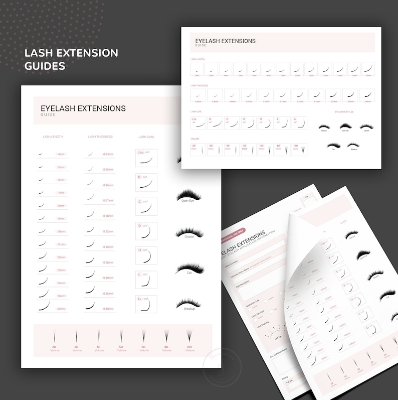 May include: A guide for lash extensions with charts showing different lash lengths, thicknesses, and curls. The guide also includes illustrations of different lash styles, such as open eye, doll eye, cat eye, and doll eye.