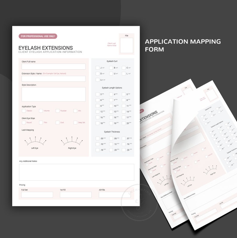 May include: A printable form for eyelash extension application mapping. The form includes sections for client information, lash style, application type, lash mapping, and pricing. The form also includes a visual guide for mapping lash placement on the eye.