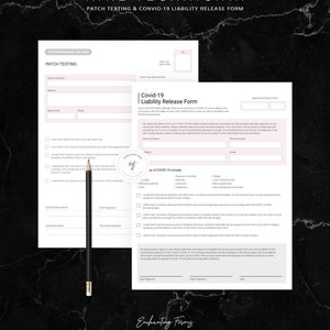 Op de afbeelding: Een roze en wit printbaar formulier voor nagelstylisten om te gebruiken voor patchtesten en COVID-19-aansprakelijkheidsvrijgave. Het formulier bevat secties voor klantgegevens, patchtestdetails en een COVID-19-aansprakelijkheidsvrijgaveformulier. Het formulier heeft de titel "Nagelstyliste Patchtest en COVID-19-aansprakelijkheidsvrijgaveformulier".