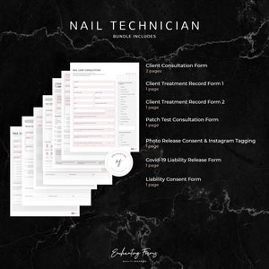 Op de afbeelding: Een set printbare formulieren voor nagelstylisten, waaronder een klantconsultatieformulier, behandelingsformulieren, een patchtestconsultatieformulier, een fotovrijgaveformulier, een aansprakelijkheidsvrijgaveformulier en een toestemmingsformulier voor aansprakelijkheid. De formulieren zijn ontworpen in een moderne, minimalistische stijl met een roze en grijze kleurstelling.
