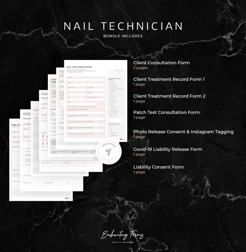 Op de afbeelding: Een set printbare formulieren voor nagelstylisten, waaronder een klantconsultatieformulier, behandelingsformulieren, een patchtestconsultatieformulier, een fotovrijgaveformulier, een aansprakelijkheidsvrijgaveformulier en een toestemmingsformulier voor aansprakelijkheid. De formulieren zijn ontworpen in een moderne, minimalistische stijl met een roze en grijze kleurstelling.