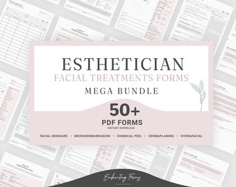 Może przedstawiać: Grafika w kolorze różowym i białym z tekstem "Esthetician Facial Treatments Forms Mega Bundle 50+ PDF Forms Instant Download Facial Skincare Microdermabrasion Chemical Peel Dermaplaning HydraFacial Enchanting Forms" oraz rysunkiem liści.