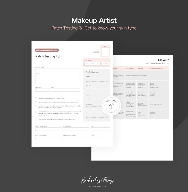 Pode incluir: Um formul&aacute;rio imprim&iacute;vel preto e branco para maquiadores. O formul&aacute;rio inclui um formul&aacute;rio de teste de patch e uma se&ccedil;&atilde;o para ajudar os clientes a identificar seu tipo de pele. O formul&aacute;rio tem o texto "Makeup Artist" e "Patch Testing & Get to know your skin type" no topo.