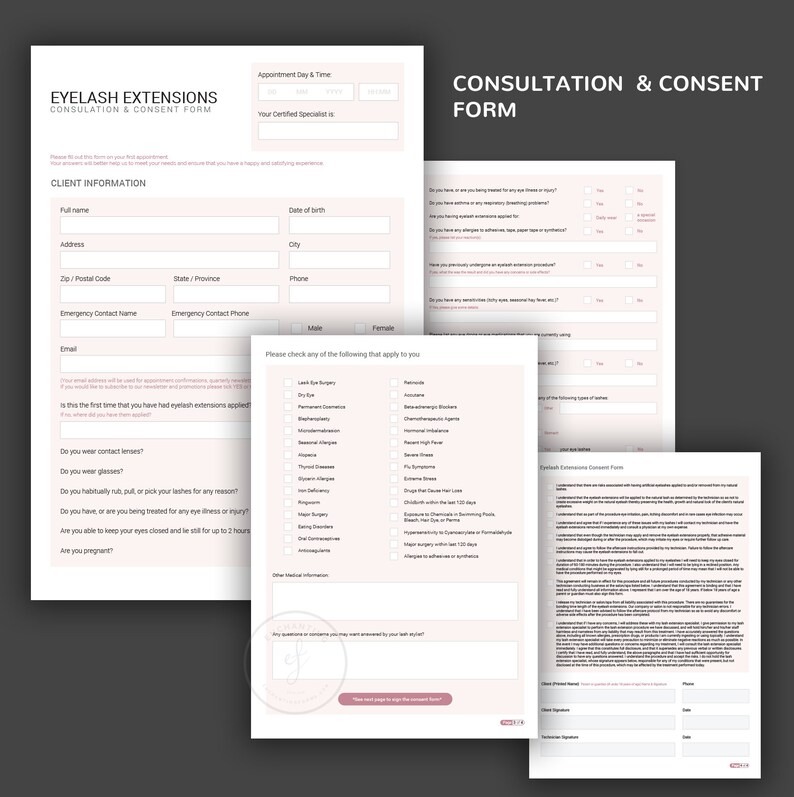 May include: A consultation and consent form for eyelash extensions. The form includes client information, medical history questions, and a consent section for the procedure.