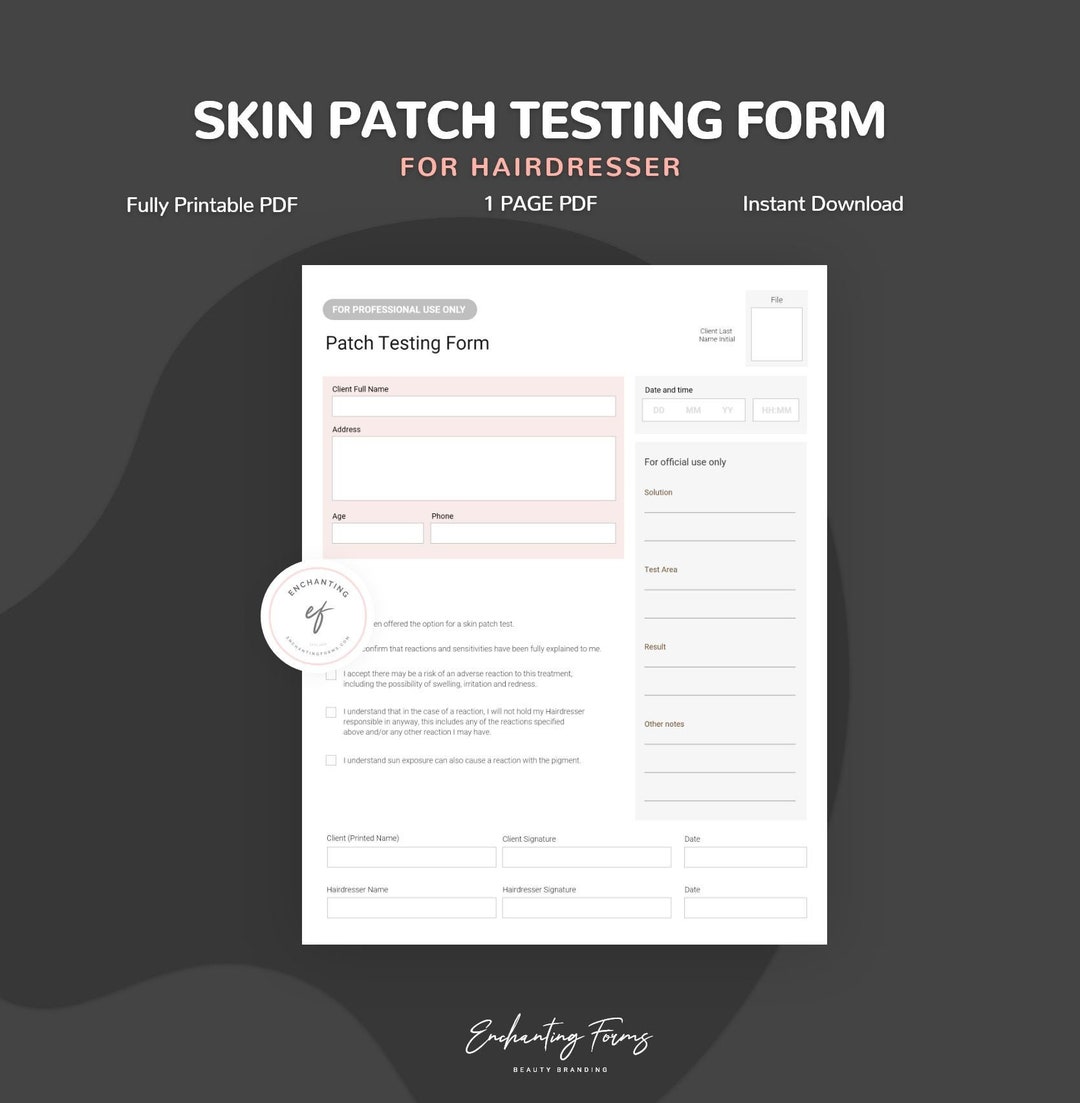 Skin Patch Testing Form for Hairdressers, Hairstylists, Instant