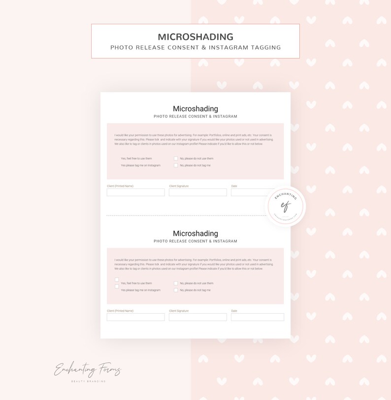 May include: Two printable photo release consent forms with the title "Microshading Photo Release Consent & Instagram" in black text. The forms include checkboxes for the client to indicate whether they allow the photographer to use their photos for advertising, online and print ads, and to tag them on Instagram. The forms also include fields for the client's printed name, signature, and date.
