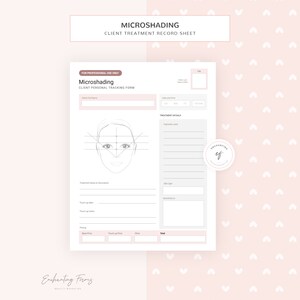 May include: A printable microshading client treatment record sheet with a drawing of a face and lines for recording treatment details. The sheet is designed for professional use only.