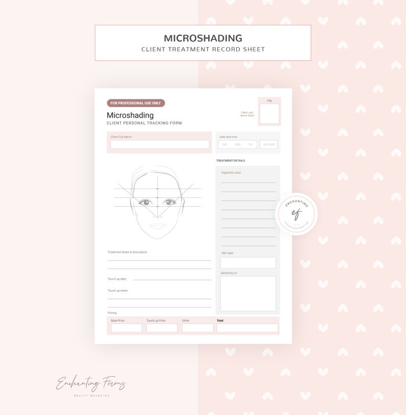 May include: A printable microshading client treatment record sheet with a drawing of a face and lines for recording treatment details. The sheet is designed for professional use only.