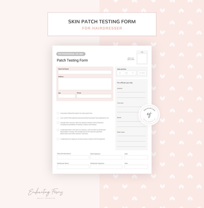 May include: A printable skin patch testing form for hairdressers. The form includes sections for client information, date and time, solution, test area, results, and other notes. It also includes a section for the client and hairdresser to sign and date the form.