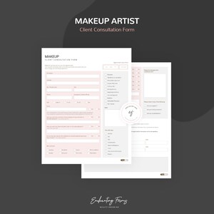 Pode incluir: Um formul&aacute;rio de consulta de cliente para maquiadores rosa e branco com se&ccedil;&otilde;es para informa&ccedil;&otilde;es pessoais, detalhes da consulta, tipo de pele e condi&ccedil;&otilde;es de sa&uacute;de. O formul&aacute;rio inclui um logotipo para "Enchanting Forms, Beauty Branding".