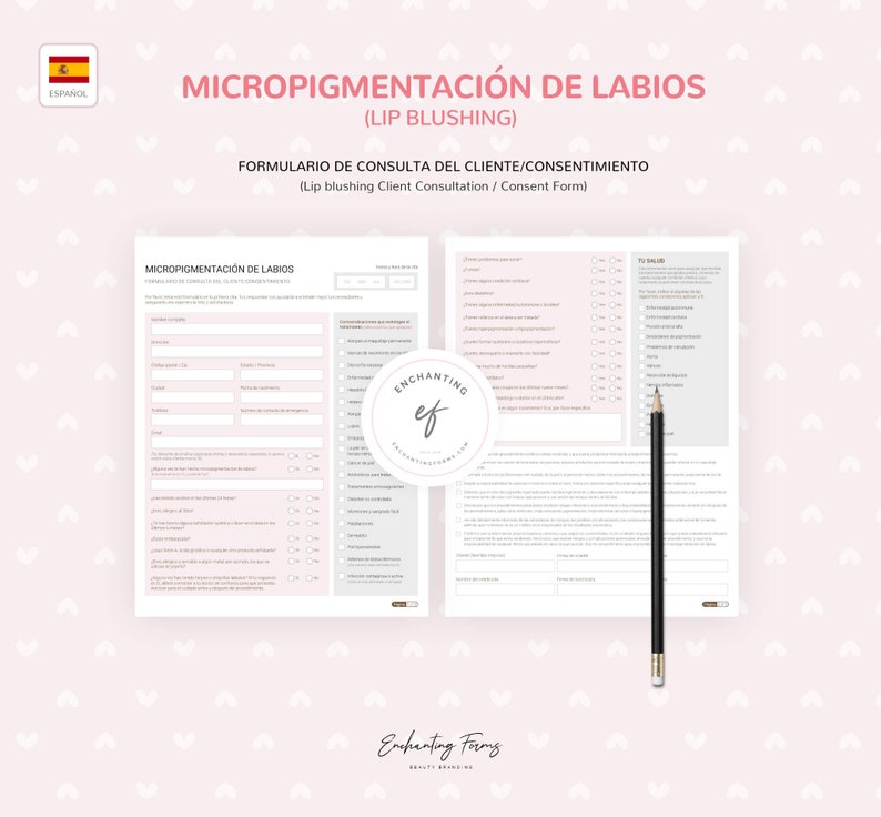 SPANISH ESPAÑOL Lip Blushing Consent Form, Lip Blush Tattoo Intake Form