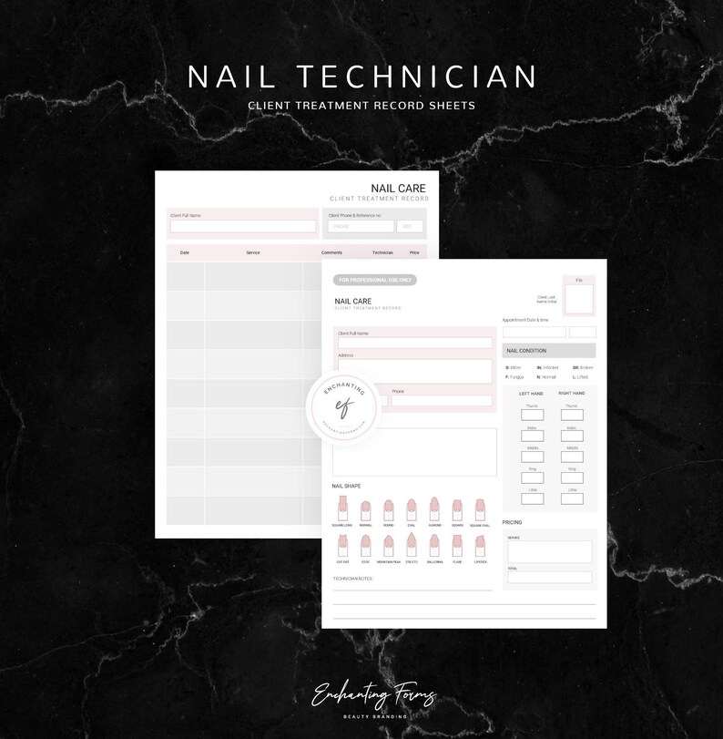 Op de afbeelding: Een afdrukbaar behandelingsregistratieformulier voor nagelstylisten. Het formulier bevat secties voor klantgegevens, nagelconditie, nagelvorm en prijzen. Het formulier is ontworpen voor gebruik door professionele nagelstylisten.