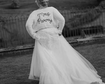 Fluffy Personalised Bridal Cardigan Just Married Hand Knitted Embroidery Bride Mrs Cardigan Wedding
