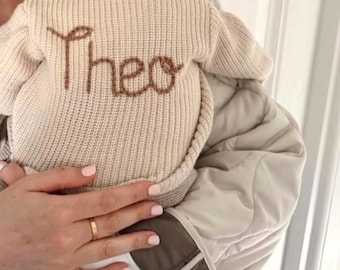 Personalised Name Knitted Baby Cardigan or Jumper, Hand Embroidered Name