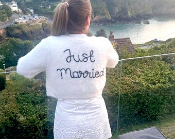 Fluffy Bridal Cardigan, Just Married Hand Knitted Embroidery, Bride, Mrs Cardigan