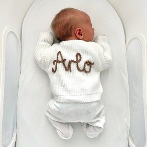 Personalised Name Knitted Baby Cardigan, Hand Embroidered Name