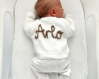 Personalised Name Knitted Baby Cardigan or Jumper, Hand Embroidered Name