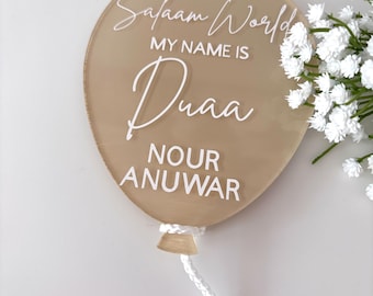 Personalised Balloon Acrylic Balloon Disc, Baby Announcement, Salaam World