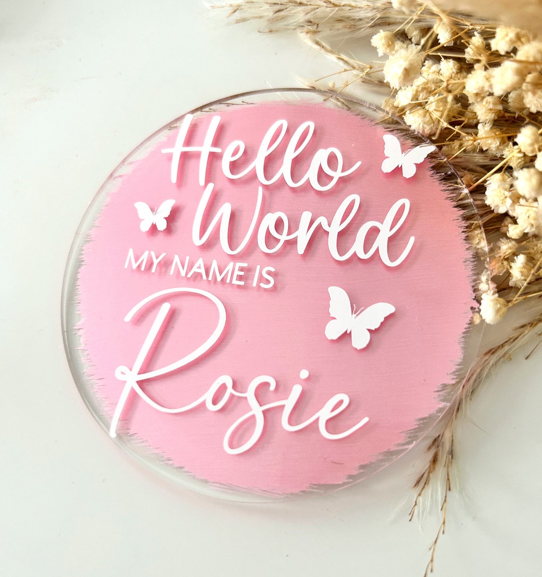 Personalised Acrylic Disc, Hello World Acrylic Disc, Baby Announcement ...