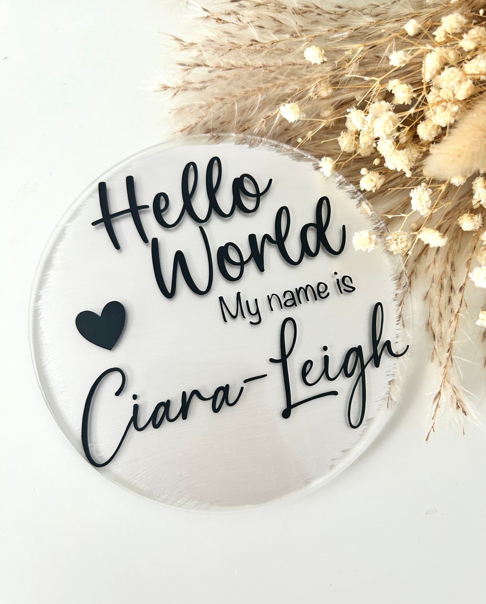 Personalised Acrylic Disc, Hello World Acrylic Disc, Baby Announcement ...