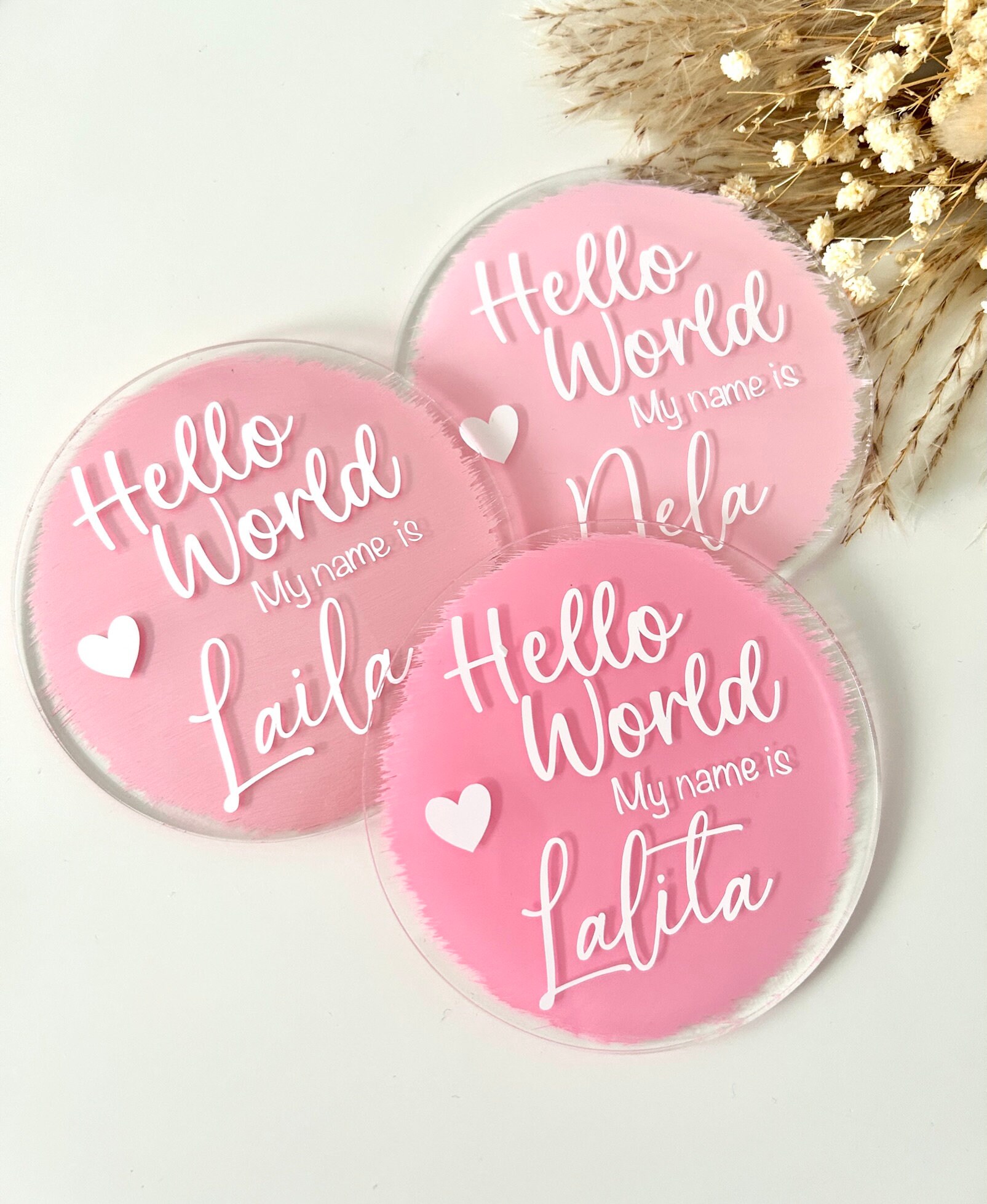 Personalised Acrylic Disc, Hello World Acrylic Disc, Baby Announcement ...