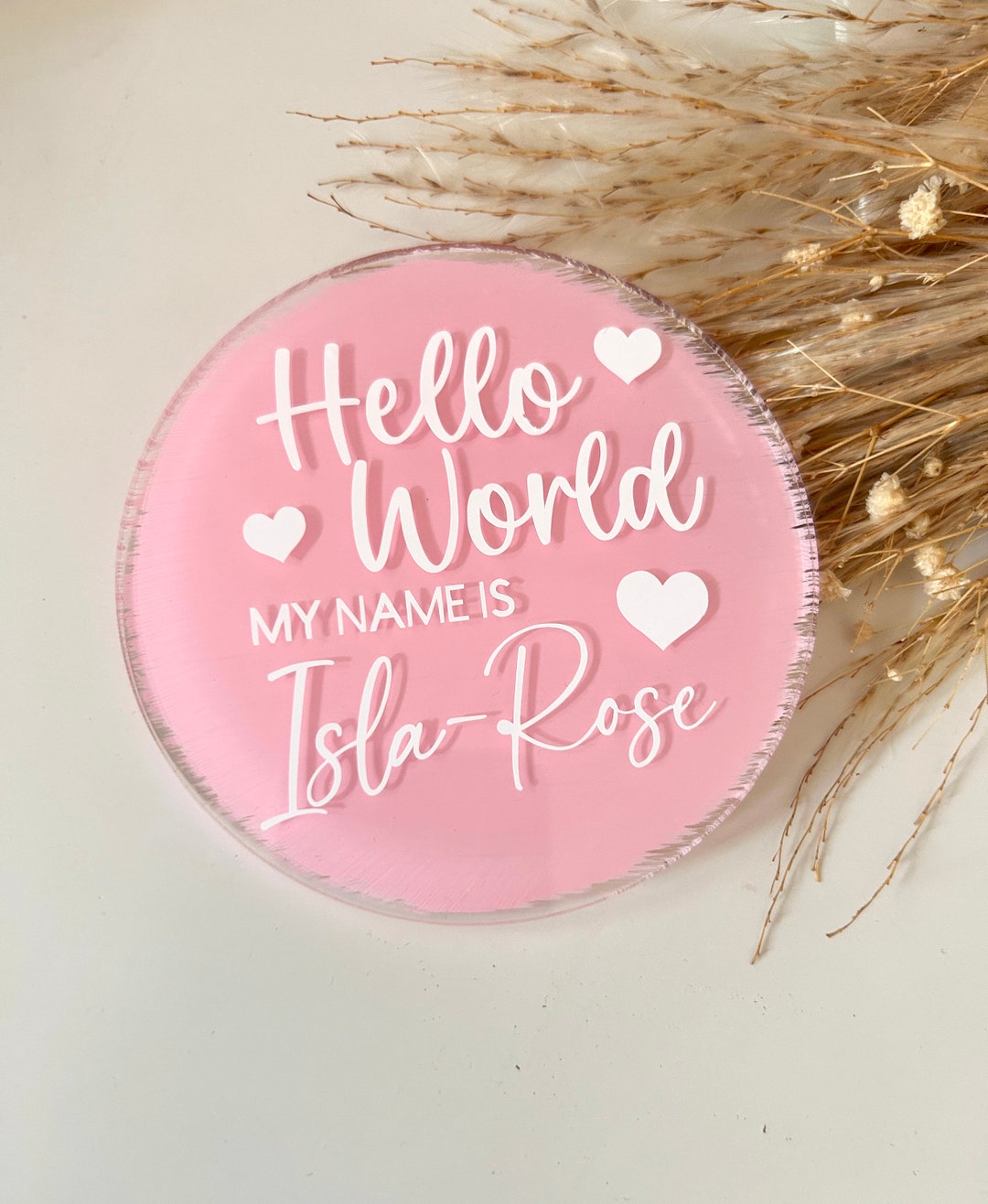Personalised Acrylic Disc, Hello World Acrylic Disc, Baby Announcement ...