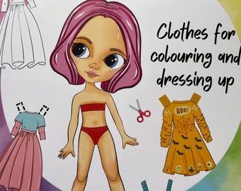 Girl Colouring Pages - Blythe Paper doll Olivia, dressing up, colouring vintage book